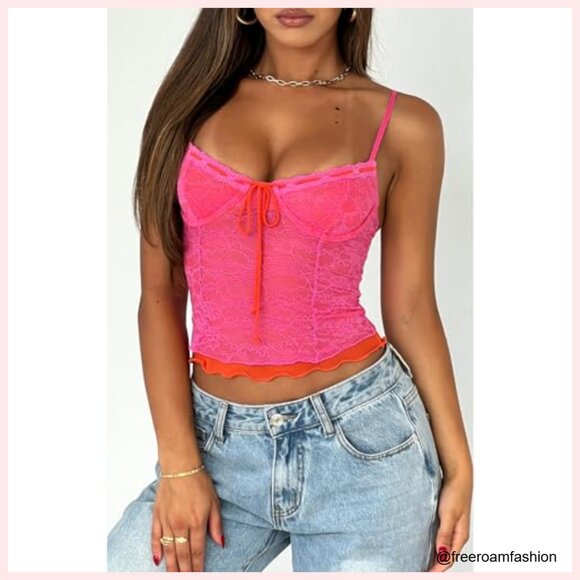 Y2K Spaghetti Strap Camisole Lace Trim Square Neck Tank Top Streetwear - Picture 2 of 6